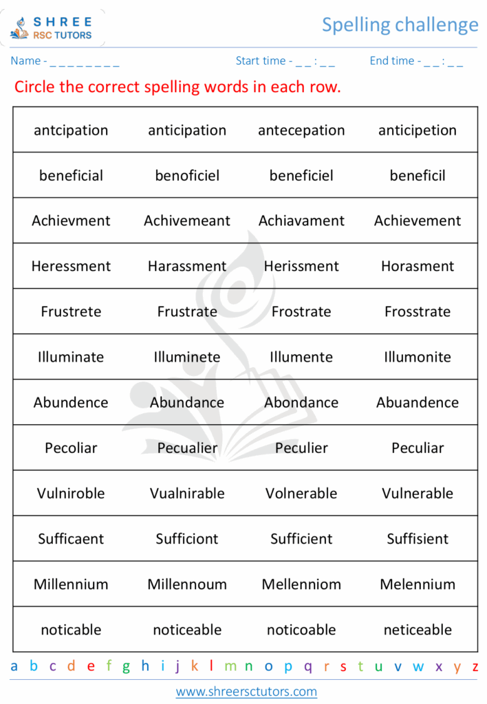 Spelling Challenge Worksheets For Grade 5 English Shree Rsc Tutors