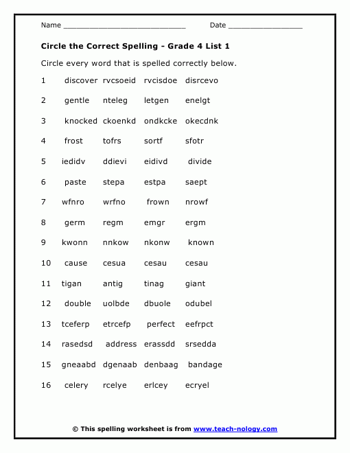 Spelling Grade 4 English Worksheets