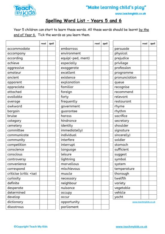 Spelling Word List Year 5 TMK Education
