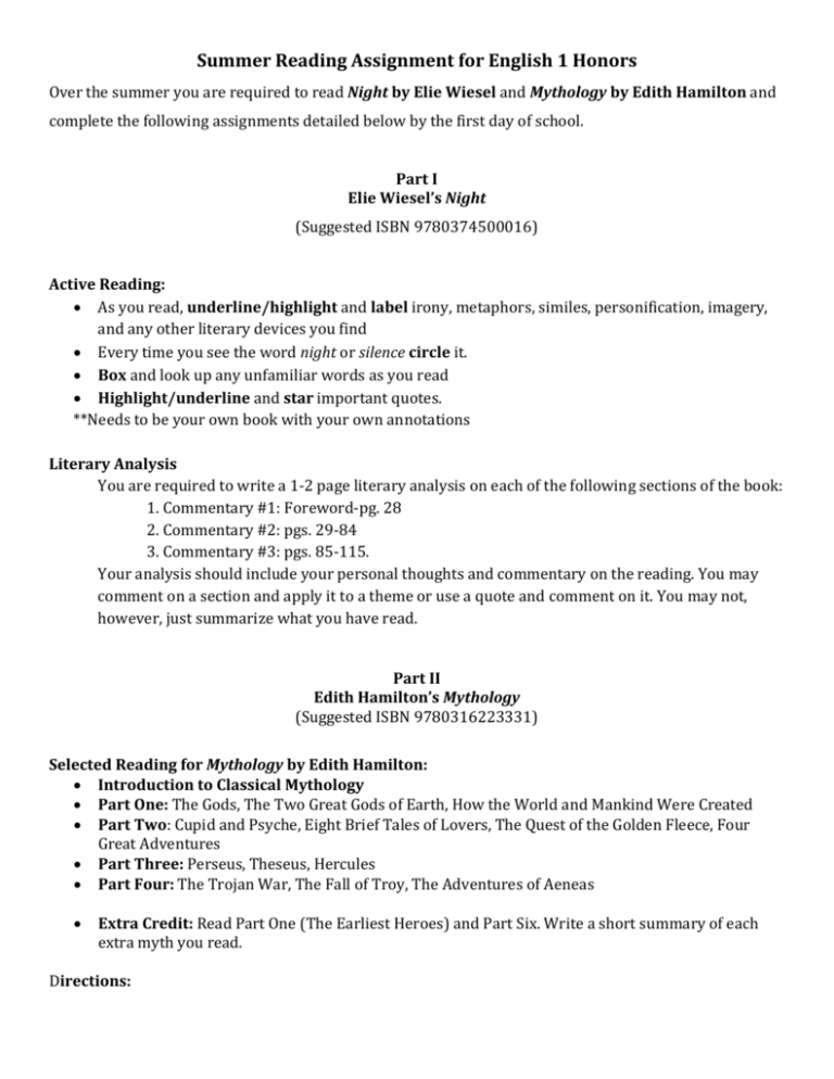 Summer Reading Assignment For English 1 Honors