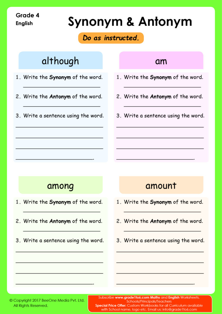 Synonyms Worksheet For 4th Grade