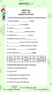 Takshila Learning Adjectives Class 6th English Worksheet I Fill In The