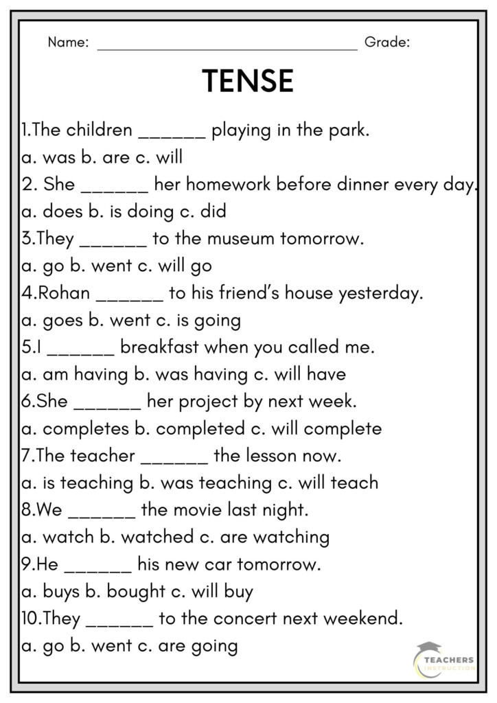 Tense Worksheet For Class 6