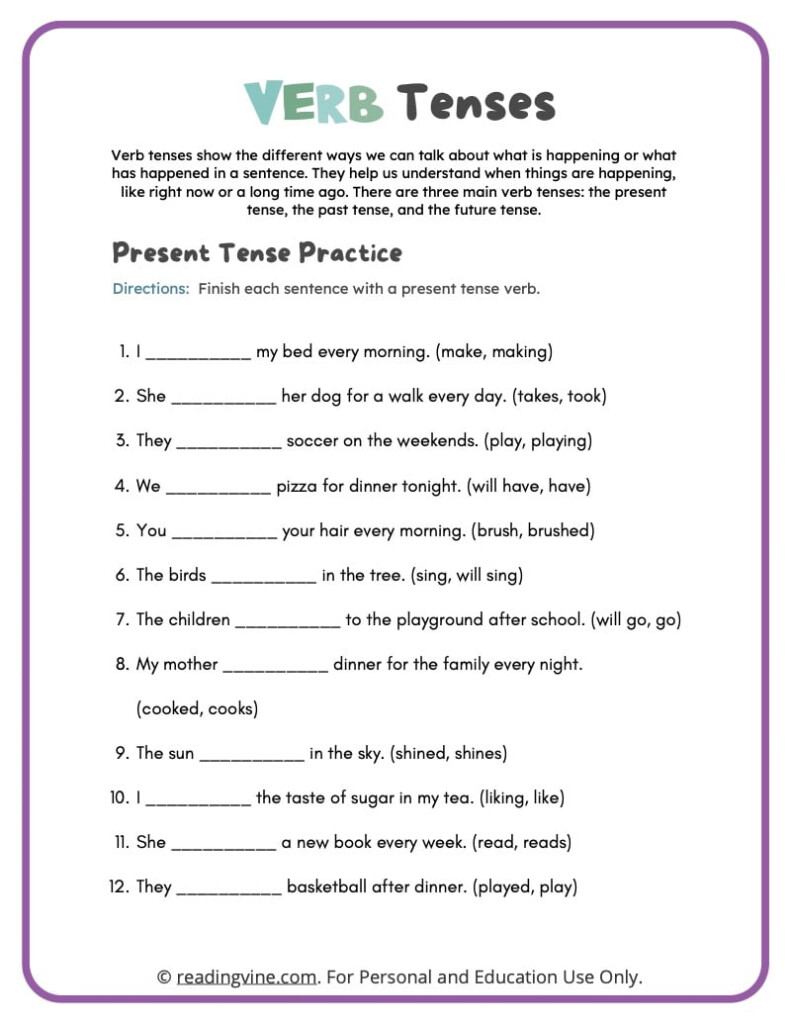 Tenses Of Verbs Worksheets Grade 6