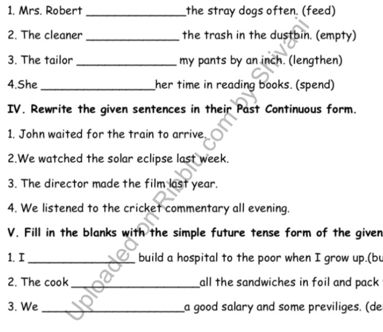 Tenses Worksheets For Class 4