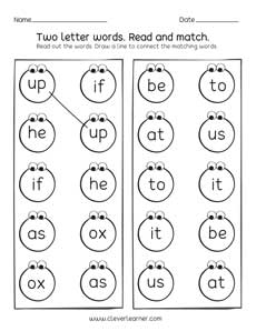 Two Letter Words Reading Writing And Matching Worksheets For Preschool 