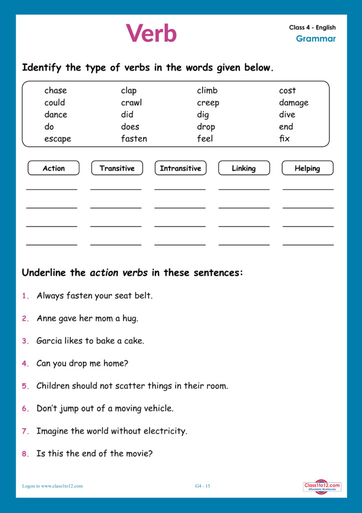 Verbs Worksheet For Class 4 Class1to12