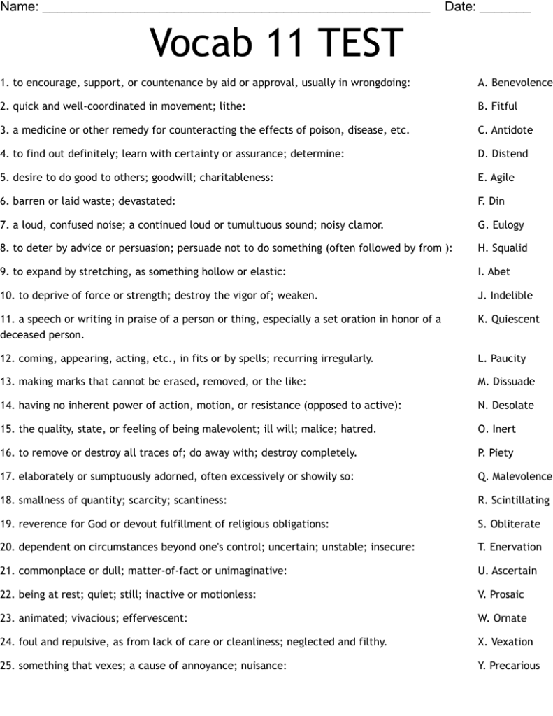 Vocab 11 TEST Worksheet WordMint