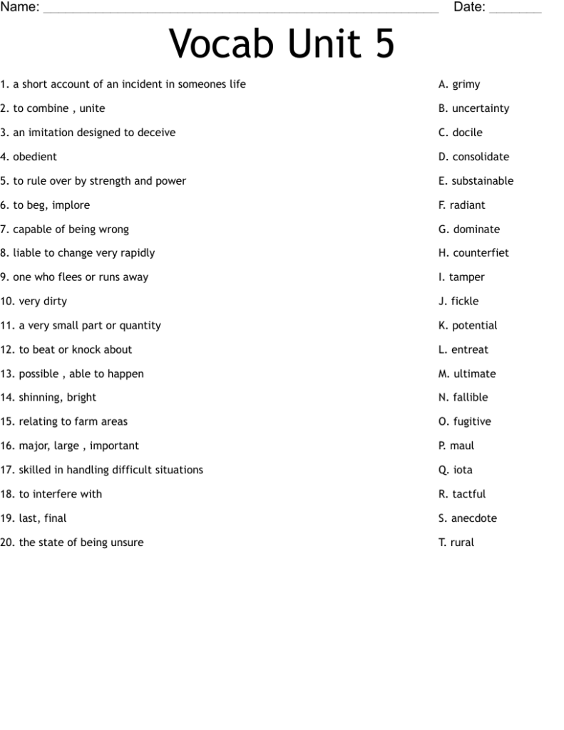 Vocab Unit 5 Worksheet WordMint