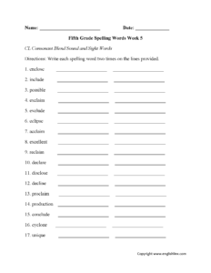 Week 5 CL Consonant Fifth Grade Spelling Worksheets Grade Spelling