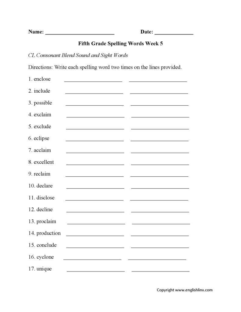 Week 5 CL Consonant Fifth Grade Spelling Worksheets Grade Spelling 