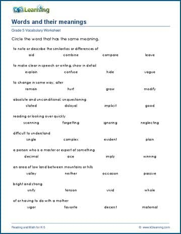 Words And Their Meanings Worksheets K5 Learning