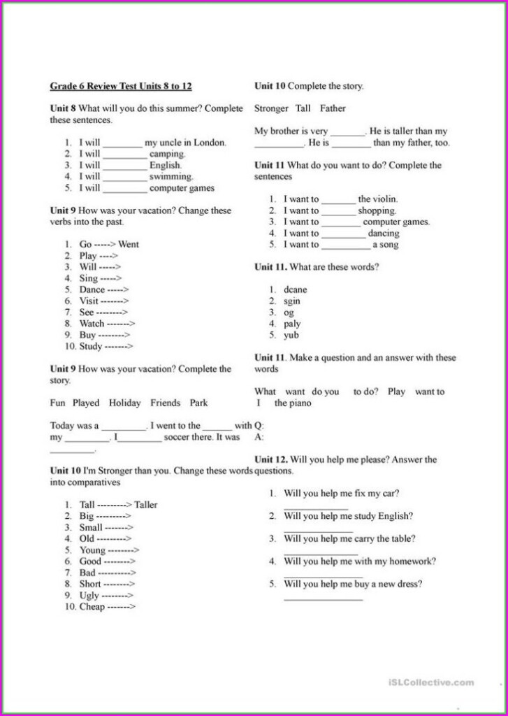 Worksheet For Grade 6 English