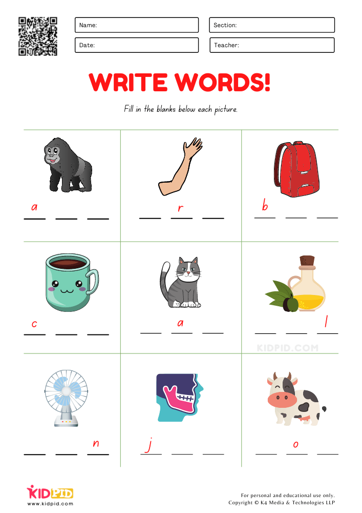 Write 3 Letter Words Worksheet For Grade 1 Kidpid
