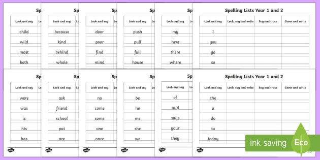 Year 1 And 2 Spelling List Word Writing Practice Sheets Resource Pack