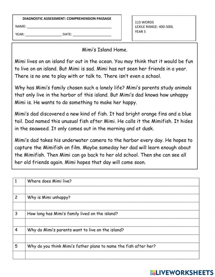 Year 5 Comprehension Diagnostic Worksheet Comprehension Passage 